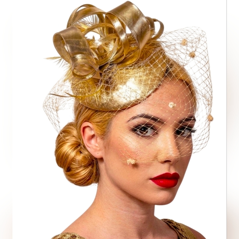 Gold Gorgeous 3PC Veiled Fascinator Kentucky Derby Preakness Church Wedding Tea - Picture 3 of 7